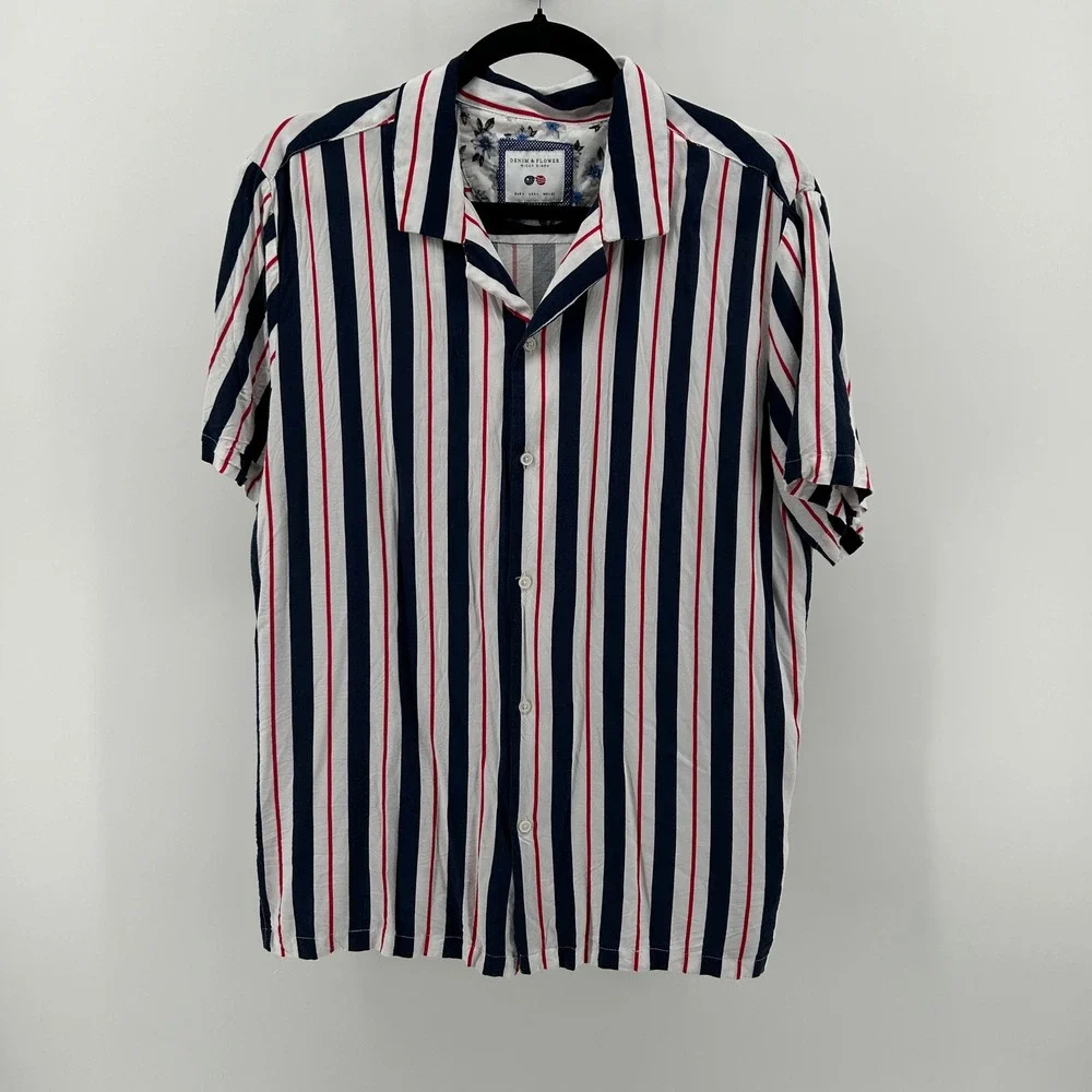 Denim & Flower Ricky Singh Short Sleeve Striped Casual Button Down L 4th of July